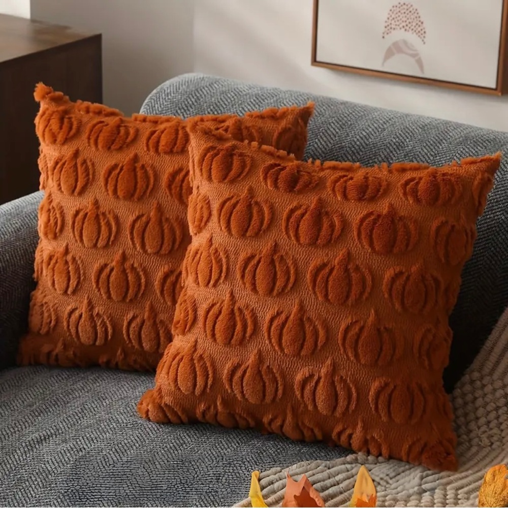 Pair of 18” Pumpkin Textured Throw Pillow Covers – Fall Harvest Decor
